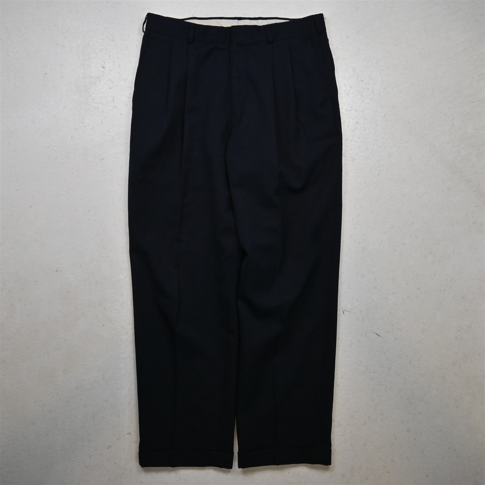 Vtg Y2K 2000s 31x29 Navy Blue Wool Pleated Cuffed High Waist Baggy Dress Pants